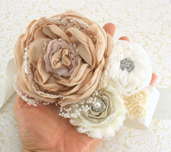 Hochzeit - Sash, Bridal, Wedding, Tan, Champagne, Blush, Nude, Ivory with Handmade Chiffon Flowers, Crystals, Pearls, Lace and Brooch