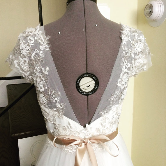 زفاف - June Sale-Kathrine-custom Wedding Dress-Short sleeves boat neck v back A-line full length-Made to order