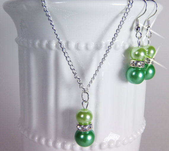 Wedding - Bridesmaid Pearl Apple Green Jewelry Set, Pearl Necklace, Pearl Earrings, Bridesmaid Jewelry, Bridesmaid Gift, Pick Your Own Color