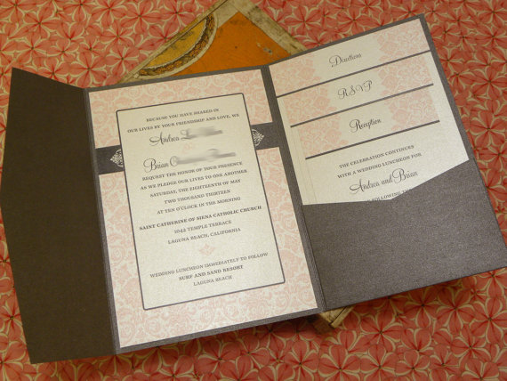 Wedding - Pink Damask Wedding Invitations - Elegant Vintage Romantic Baroque Invitation - Charcoal Pocket folder & Pink Brocade or any colors