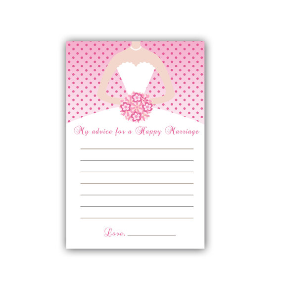 Wedding - INSTANT DOWNLOAD - Printable Pink Polka Dots Bridal Shower Advice Cards - White Bridal Dress Bridal Shower Items Bridal Shower Activity