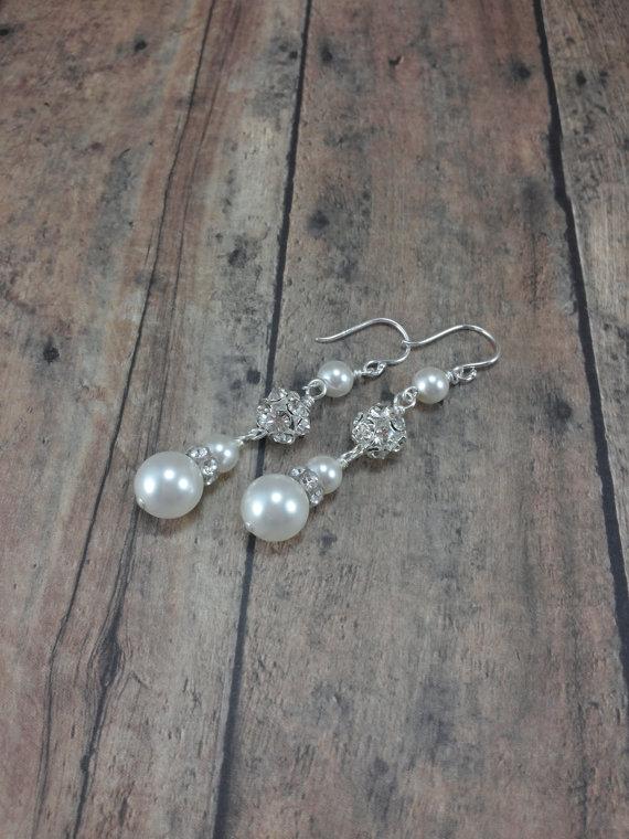 Mariage - Bridal Pearl Dangle Earrings, Pearl Wedding Earrings, Long Pearl Earrings, Pearl Bridal Earrings, Pearls Bride, Wedding Jewelry Earring