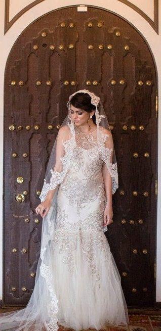 Wedding - Beaded Lace Wedding Veil, Spanish Veil, Catholic Bridal Beaded Lace Veil 90" Long With High End Exclusive Lace Edge, Mantilla Style