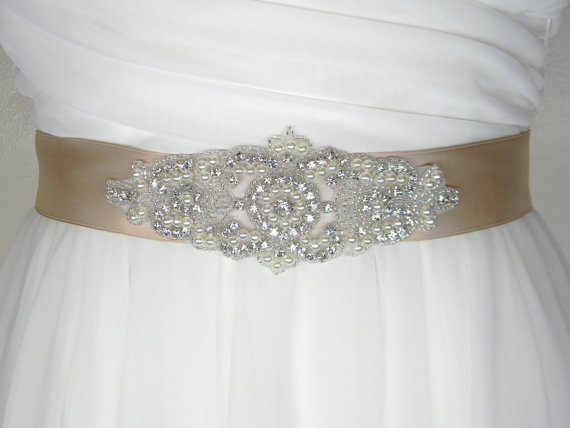 Mariage - Floor Length Wedding Belt - Long Bridal Sash - Satin Bridal Belt - Sash Belt - Rhinestone and Pearl Wedding Dress Belt - CUSTOM COUTURE