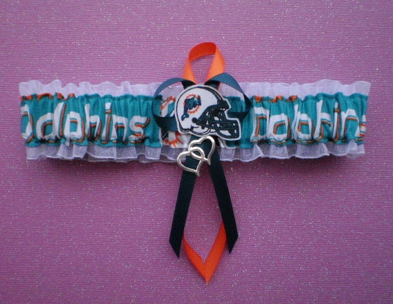 Hochzeit - Miami Dolphins  Logo Wedding Garter Toss Football Double Heart Charm Sport