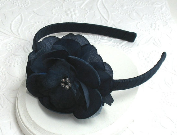 Wedding - Navy Blue Flower Headband, Nautical Wedding, School Uniform, Navy Rhinestone Organza Flower Girls Hard Headband, Everyday Headband for Girls