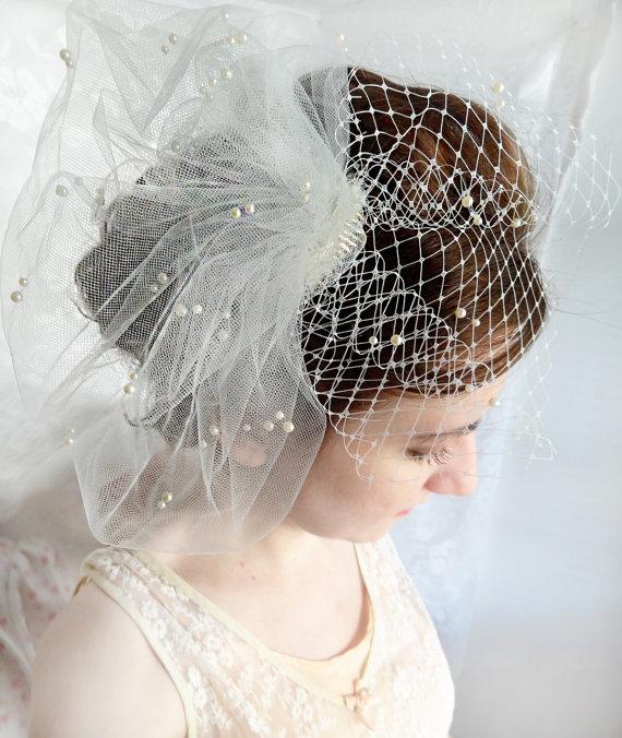 زفاف - wedding birdcage veil, wedding bird cage veil with pearls, ivory or white tulle veil - JOLICOEUR - bridal hairpiece, small bridal birdcage