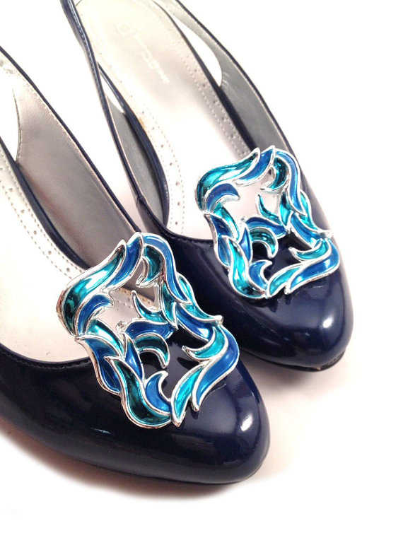 زفاف - Vintage Shoe Clips - Upright Two Tone Blue Enamel on Silver