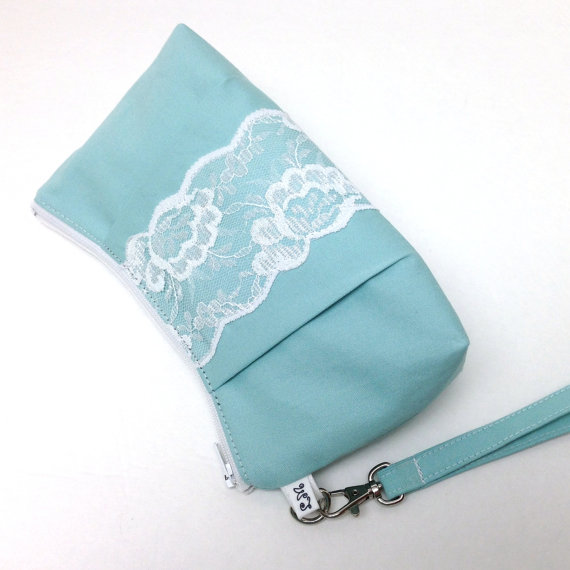 زفاف - Wedding Clutch Purse Rectangular Wristlet - Lace on Mint Blue Green