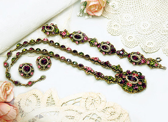 Hochzeit - Weiss Jewelry Set Necklace Bracelet Earrings Parure Spring Garden Rhinestones Vintage Wedding Bridal jewelry set isj