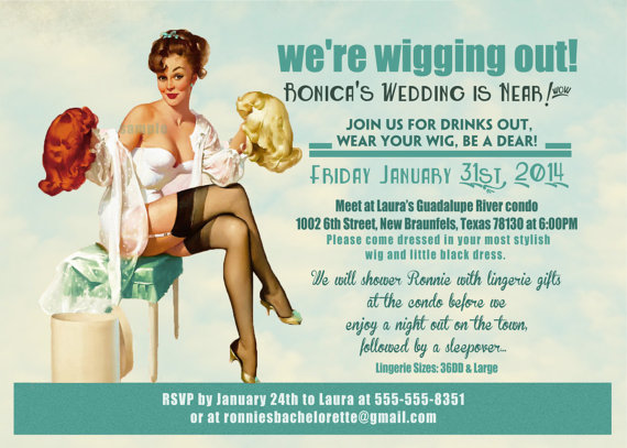 Hochzeit - Vintage Pin Up Girl wig party  Invitation- Bachelorette party, Hens night, Lingerie Shower burlesque invite diy print file PRINTED OPTIONAL