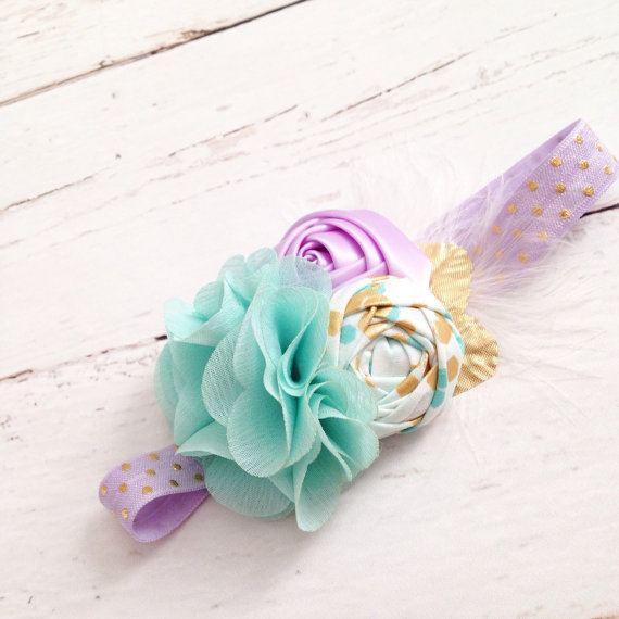 Wedding - Aqua lavender gold headband-satin chiffon feather metallic headband