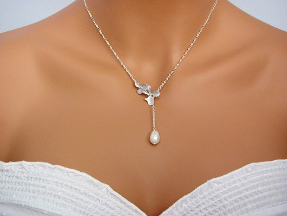 Wedding - Delicate Double Orchids Teardrop Pearl Lariat Necklace in Silver- romantic elegant bridal jewelry bridesmaids gifts, available in gold.