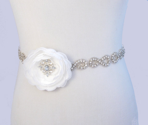 Wedding - Flower Infinity Crystal Satin Sash, Beaded Rhinestone Bridal Belt, Jeweled Wedding Dress Sash, Ivory Sash, 35 Satin Colors, Something Blue