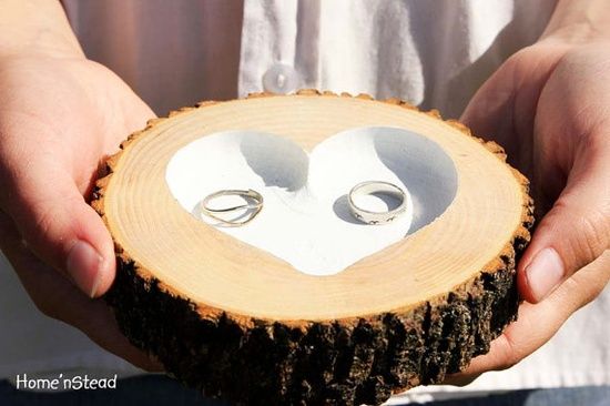 Wedding - Rustic Wedding Ring Bearer Pillow Log Ring Dish Engraved Heart