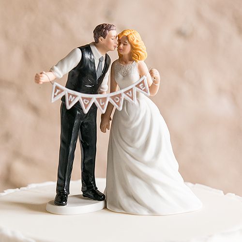 Mariage - Shabby Chic Bride And Groom Porcelain Figurine Wedding Cake Topper With Pennant Sign