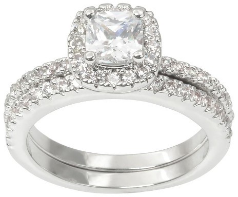 Wedding - Journee Collection 1 1/6 CT. T.W. Journee Collection Square Cut CZ Basket Set Halo Bridal Ring in Brass - Silver
