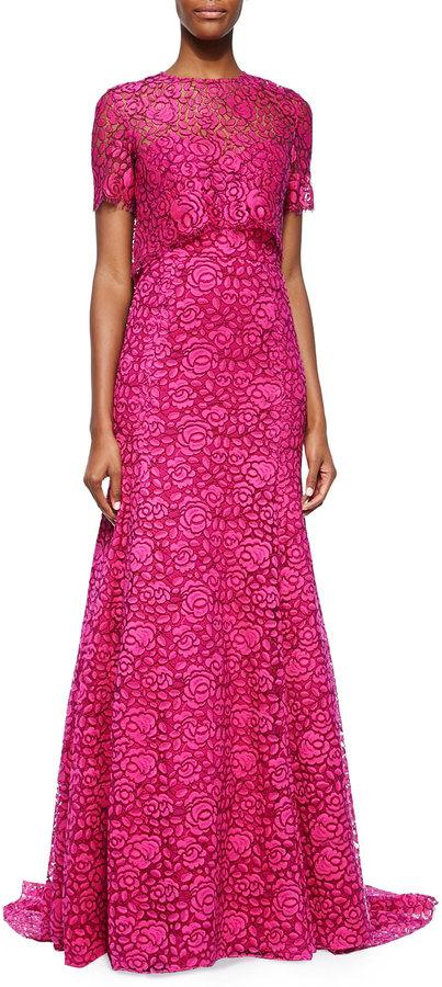 Hochzeit - Lela Rose Fringe-Lace Overlay Gown, Pink