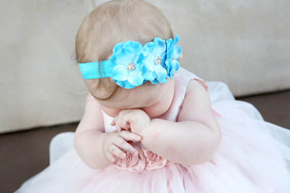 Mariage - Baby headband, Baby headbands, Flower headband, Pearl headband, Prom headband, Easter Headband, baby girl headband, Blue Flower Headband