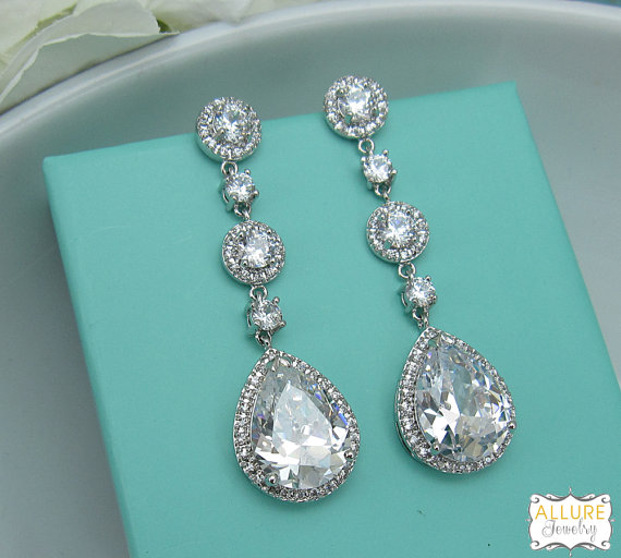 Свадьба - Bridal earrings, cubic zirconia earrings, wedding jewelry, bridal jewelry, wedding earrings, bridal earrings, long cz earrings