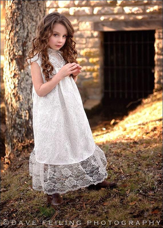 Hochzeit - Victorian Flower Girl Dress with High Collar Ivory Lace