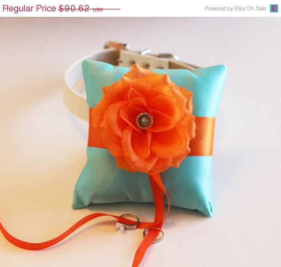 Wedding - Aqua blue Orange Ring Pillow, Ring Pillow attach to the High quality Leather Collar, Ring Bearer Pillow, Pet wedding accessory