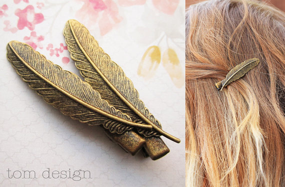 Mariage - SALE Antique Brass Feather Hair Clips - Bronze, Gold, Wedding, Bride, Bridesmaid, Barrette, Hair Accessory, Gift