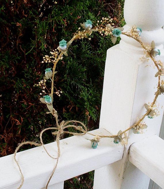 زفاف - Dried flower crown -Alli- blue aqua teal headwreath babys breath summer hair flowers hippie headband bridal wreath Wedding Accessories