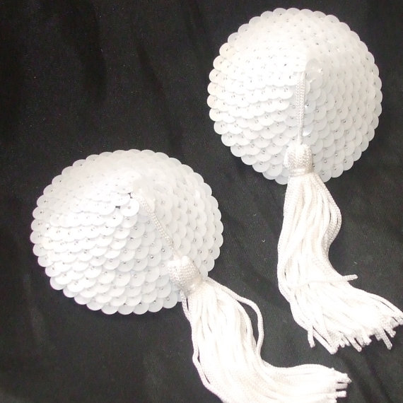 Wedding - BURLESQUE White Sequin Round Nipple Tassels Pasties Covers