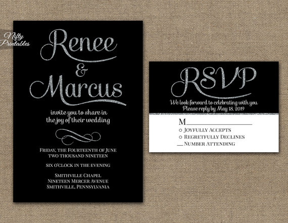 Wedding - Black Wedding Invitations - Printable Black & Sliver Glitter Wedding Invites - Classic Elegant Wedding Invitations - Optional RSVP Suite WBS