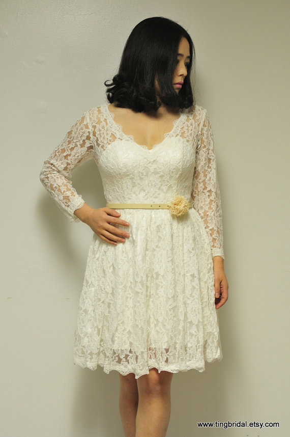 زفاف - Dona wedding dress-custom lace V neck long sleeves fully covered back or low V back-knee length