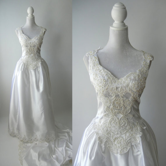 Wedding - Vintage Wedding Gown, White Satin Wedding Dress, 1980 Wedding Gown, Retro White Wedding Dress, 1980s Bridal Dress, Vintage 1980s Bridal Gown