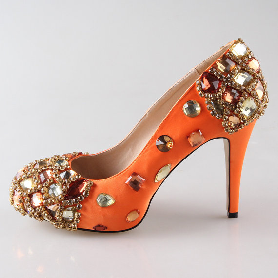 زفاف - Orange crystal wedding bridal shoes , party shoes , prom dancing pumps ,  closed toe crystal rhinestone shoes