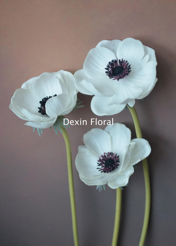 زفاف - Natural Real Touch White Artificial Silk Anemones Single Stem for Wedding Bridal Bouquets, Centerpieces, Decorative Flowers