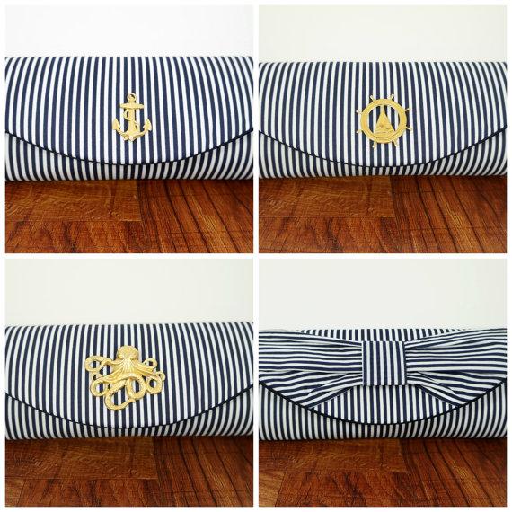 Свадьба - Nautical clutch, navy blue clutch purse with gold or silver embellishment, striped clutch, bridesmaid clutch, nautical wedding.