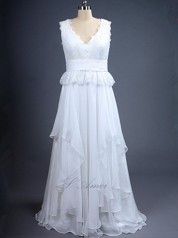زفاف - Custom made V neck Silk chiffon and French lace beach wedding dress , Deep V back Boho wedding dress,AM 8997800