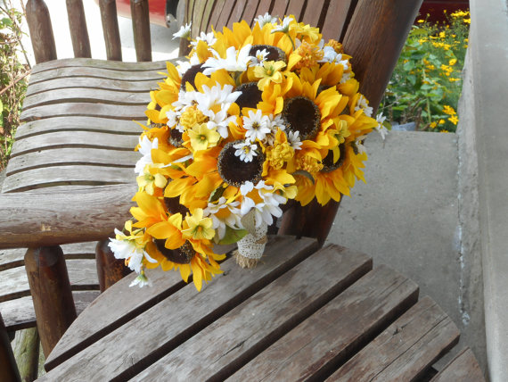 Hochzeit - Cascading Sunflower Silk Bridal Bouquet / Sunflower Wedding / Fall Wedding / Country Wedding / Rustic Wedding / Silk Wedding Flowers