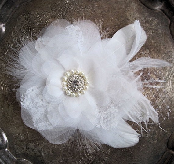 Hochzeit - Romantic Lace bridal flower hair clip or comb with rhinestone pearls and feathers