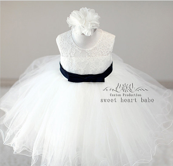 Wedding - Ivory Lace flower girl Dress, Junior Bridesmaid dress,party dress , Baby Dress - white tulle Flower girl Dress,white flower girl dress-sw