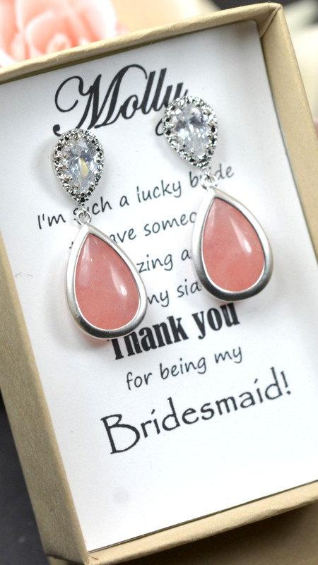 Hochzeit - Peach Earrings, Coral Earrings, Pink Bridesmaid jewelry  Drop Earrings Wedding Bridal Dangle Earrings Bridal Jewelry  Bridesmaid Gift , stud