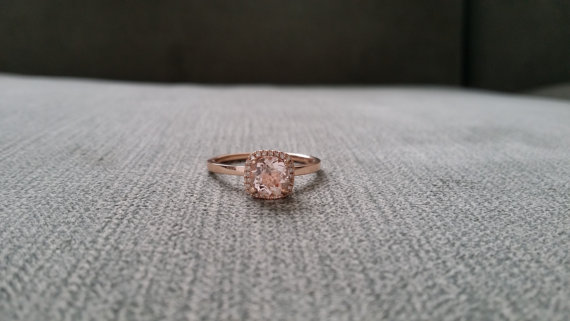 Hochzeit - Halo Morganite Diamond Ring Gemstone Engagement Ring Custom Peach Pink Cushion Round Halo Setting 14K Rose Gold size
