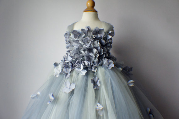 Hochzeit - Flower girl dress Champagne Dress Gray tutu dress, flower top, hydrangea top, toddler tutu dress Cascading flowers