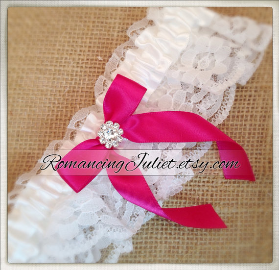 Wedding - Lovely Vintage Style White Lace Garter with Pretty Rhinestone Accents...shown in white/hot pink fuschia