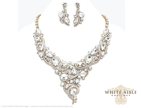 زفاف - Gold Bridal Jewelry Set, Crystal Statement Necklace Earrings, Vintage Inspired Bridal Necklace, Bridal Earrings, Wedding Jewelry Set
