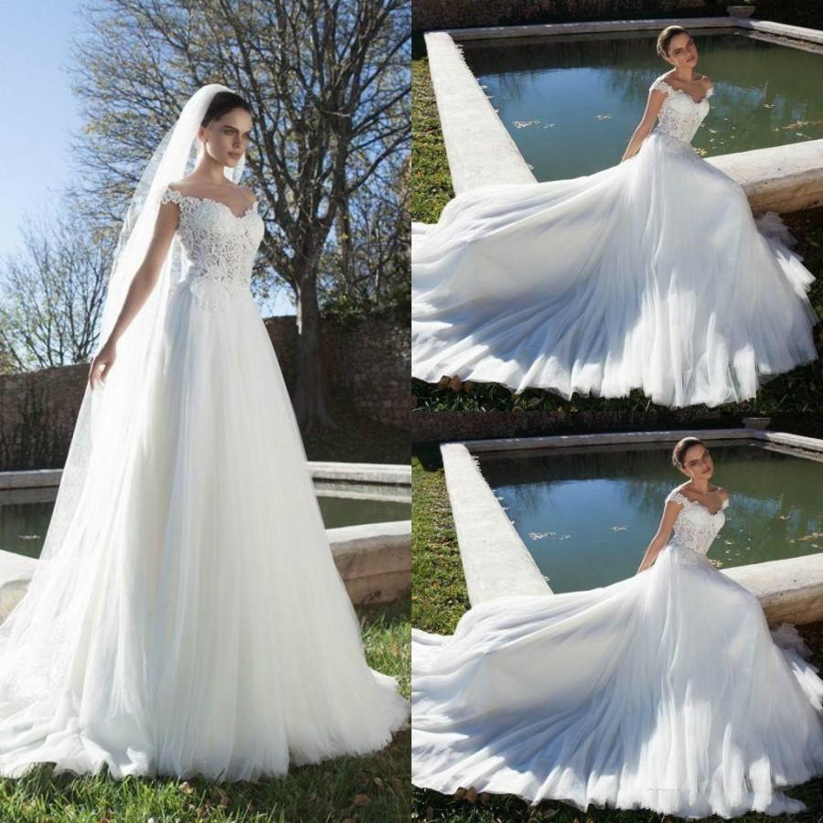 Wedding - Romantic Sexy Sheer Neck A Line Wedding Dresses 2015 Off Shoulder Tulle Applique Chapel Train Hollow Back Bridal Gowns Wedding Ball Custom Online with $128.17/Piece on Hjklp88's Store 