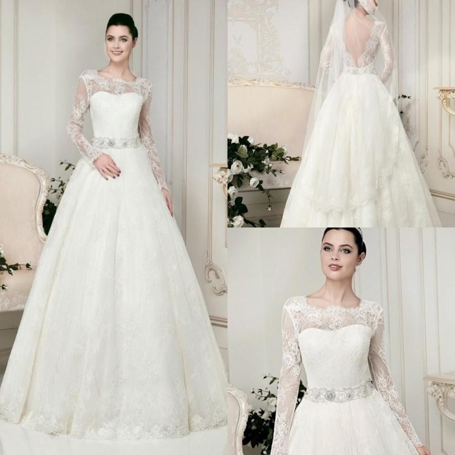 Свадьба - Exquisite Wedding Dresses 2015 Sheer Neck A Line Long Sleeve Sweep Train Full Lace with Beads Sash Backless Wedding Bridal Ball Gowns Dress Online with $129.59/Piece on Hjklp88's Store 