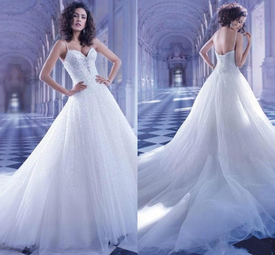 Свадьба - Shiny Sequins Court Train Wedding Dresses For 2015 Beach Tulle Sexy Spaghetti Straps Sleeveless Back Lace Up Bridal Dress Ball Gowns Cheap Online with $139.74/Piece on Hjklp88's Store 