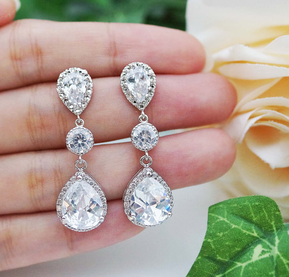 Wedding - Wedding Bridal Jewelry Bridal Earrings Dangle Earrings cubic zirconia connectors and clear (LUX) cubic zirconia tear drop Bridesmaid Gift