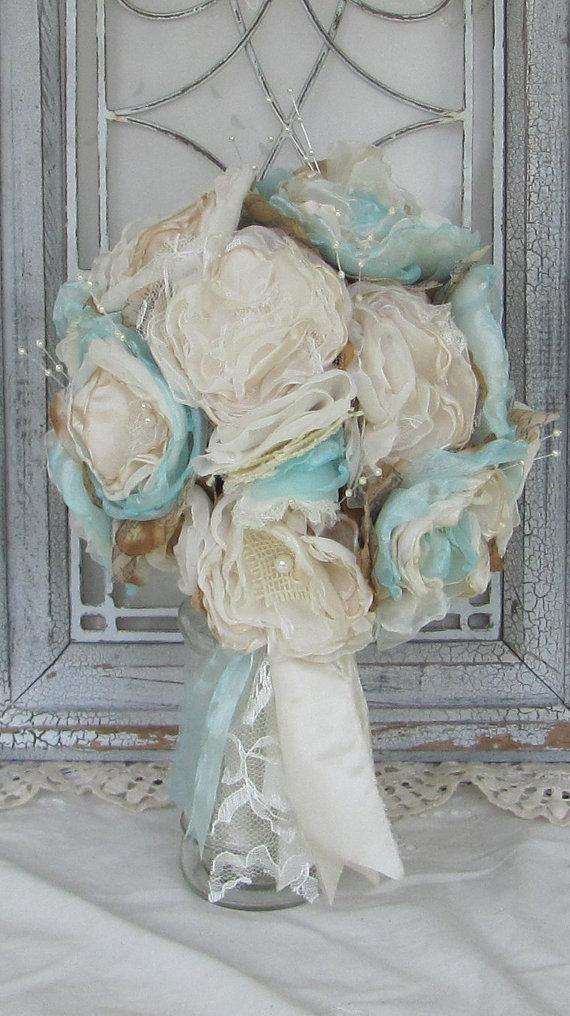 Wedding - Burlap  Bouquet Ivory and Robbins Egg Blue by Burlap And Bling Design Studio