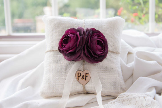 Wedding - Custom Burlap ring bearer pillow with engraved wood heart with initials You Pick Flower over 60 flowers to select from